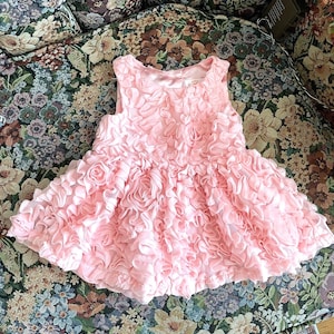 Baby Blush pink dress 3-6 months size with 3-D pink roses and ribbons, beautiful Vintage baby pink dress size 3-6 months nice for baby photo
