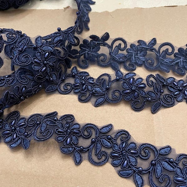 Navy Blue Flower Lace Applique Trim Royal Blue Champagne - Hand-Stitched Pearls (1 Yard)