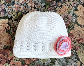 Hand Knitted Newborn Hat: White Baby Beanie with Pink Flower