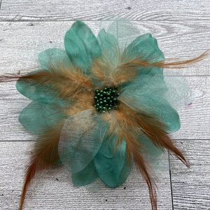 5"x 5" Teal flower copper feathers hair flower or corsage or millinery,Copper tone feather teal flower corsage, Vintage teal flower corsage