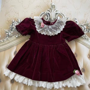 3t burgundy dress VINTAGE BURGUNDY Velvet Dress Size 3T Dress, Velvet 3T Toddler Burgundy  Dress, Christmas 3T Dress With Ivory Lace Collar and Lace on Bottom