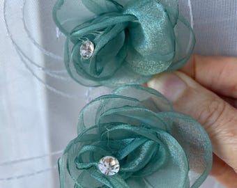 2 Teal Organza Flowers – Handmade Embellishments, Hair & Wedding Accessories (2", 2pcs)