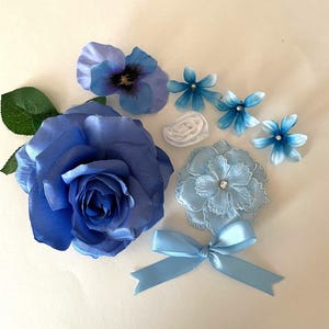 Conjunto de flores Paleta AZUL 9 peças para fazer faixas de maternidade coroas de cabelo tiaras, flores para decorar cestas, acessórios de casamento flores