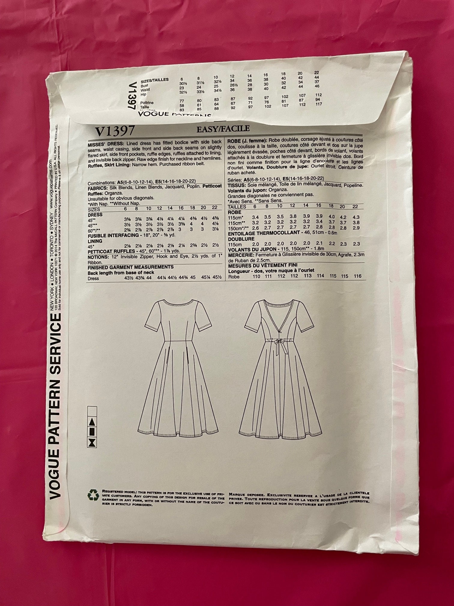 Vogue V1397 Dress Pattern: Tracy Reese Design, V-cut Back (size 6