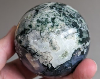 Sfera di agata muschiata con tasca di druzy / sfera di cristallo lucidata, pietra del chakra del cuore
