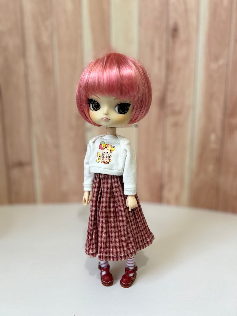 May include: A doll with pink hair wearing a white shirt with a cartoon animal design and a red and white gingham skirt. The doll is wearing red shoes with white socks.