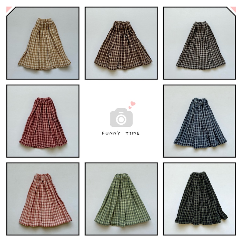 May include: Nine plaid skirts in various colours, including brown, red, blue, green, and black. The skirts are all pleated and have a simple design.