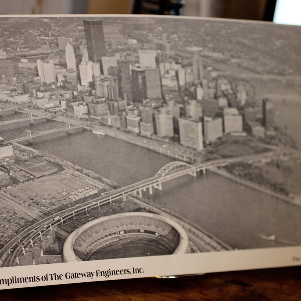 1977 Black & White Pittsburgh Skyline - Completements of The Gateway Engineers, Inc. - Three Rivers Stadium - Golden Triangle - Civic Arena