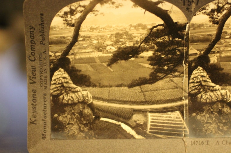 Cartão de visualização estereoscópio antigo Scenic Kiriu, Japão Keystone View Company - Fotografia de paisagem vintage imagem 3