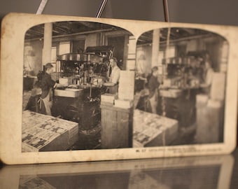 Antique Catalog Trimming Machine - A Trip Through Sears, Roebuck & Co Stereoscope Viewer Card - Vintage Business Photography