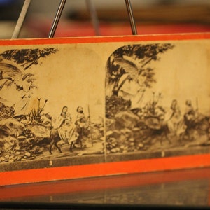 Antike Baby Jesus Flucht Herodes Szene Bayerische Verlag Co. Stereoscope Viewer Karte - Vintage religiöse Fotografie