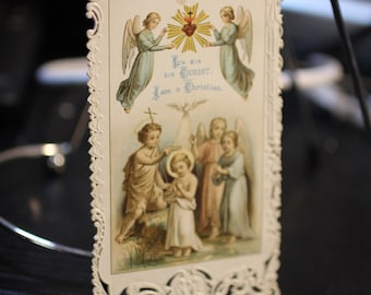 Carte de vœux en dentelle catholique antique, allemand et anglais, jeune Jésus et ses anges