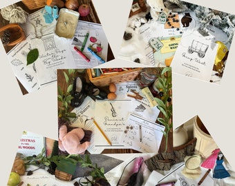 May include: A collection of printable educational resources for a winter unit study. The resources include activities for learning about winter trees, going west, Christmas in the big woods, maple syrup, and a contra dance. The resources are displayed on a wooden surface with various winter-themed props.