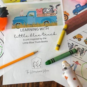 May include: A printable worksheet for a learning unit titled "Learning with Little Blue Truck". The worksheet features a blue truck with a cow, pig, and chicken in the bed. The worksheet also includes a circle with an arrow, a yellow crayon, a green crayon, and a yellow pencil.