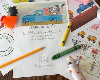 May include: A printable worksheet for a learning unit titled "Learning with Little Blue Truck". The worksheet features a blue truck with a cow, pig, and chicken in the bed. The worksheet also includes a circle with an arrow, a yellow crayon, a green crayon, and a yellow pencil.