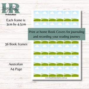 Könnte beinhalten: Druckbare Buchumschläge zum Journaling, mit 36 Rahmen, jeweils 3 cm x 4,5 cm. Das Design zeigt eine Landschaft mit grünen Hügeln, blauem Himmel und weißen Wolken. Der Text lautet: „Print at home Book Covers for journaling and recording your reading journey.“