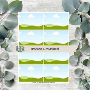 Könnte beinhalten: Digitaler Download mit sechs Landschaftsillustrationen: blauer Himmel, weiße Wolken und grüne Hügel. Der Text "Instant Download" ist auf einem Banner zu sehen. Die Website-Adresse www.hazelrosecreative.com.au ist ebenfalls sichtbar.
