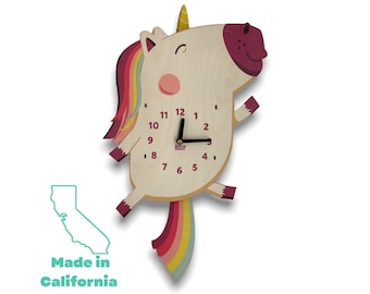 Unicorn Pendulum Wall Clock - Unicorn Wall Decor - Baby Unicorn Nursery Room - Unicorn Gift - Kids Clock - Silent Wooden Clock