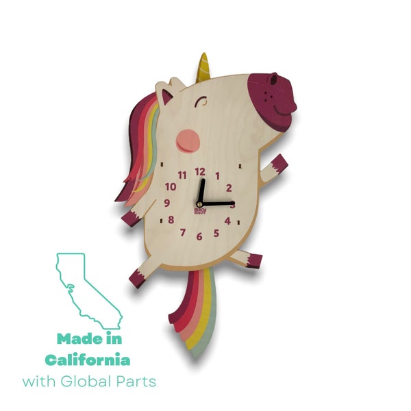 Unicorn Pendulum Wall Clock - Unicorn Wall Decor - Baby Unicorn Nursery Room - Unicorn Gift - Kids Clock - Silent Wooden Clock