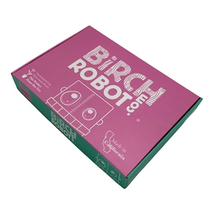 May include: Pink cardboard box with the text "BIRCH ROBOT.com" in white. The box has a green border and a small image of a robot on the front. The text "Made in California" is also on the box.