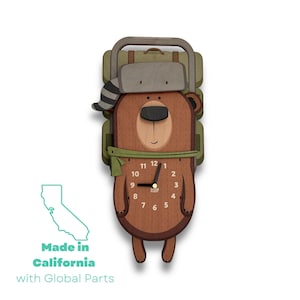 May include: A brown bear wearing a green hat and a backpack with a clock face on its belly. The clock face has black hands and black numbers. The bear is standing on a white background. Made in California with Global Parts.