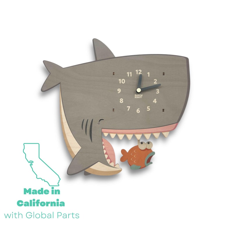 Shark Pendulum Clock - Wall Clock - Wall Decor for Baby Nursery or Kids Bedroom - Nautical Nursery - Ocean Animals - Shark Gift image 1
