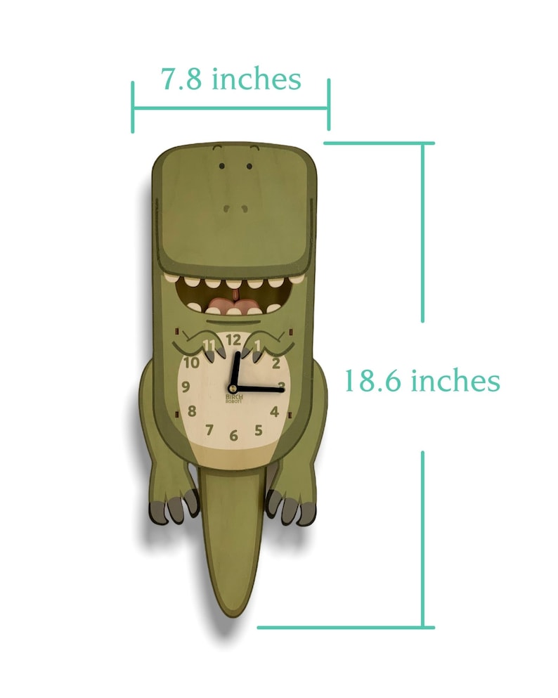 May include: Green dinosaur-shaped pendulum clock with a brown clock face and black hands. The clock measures 7.8 inches wide and 18.6 inches tall.