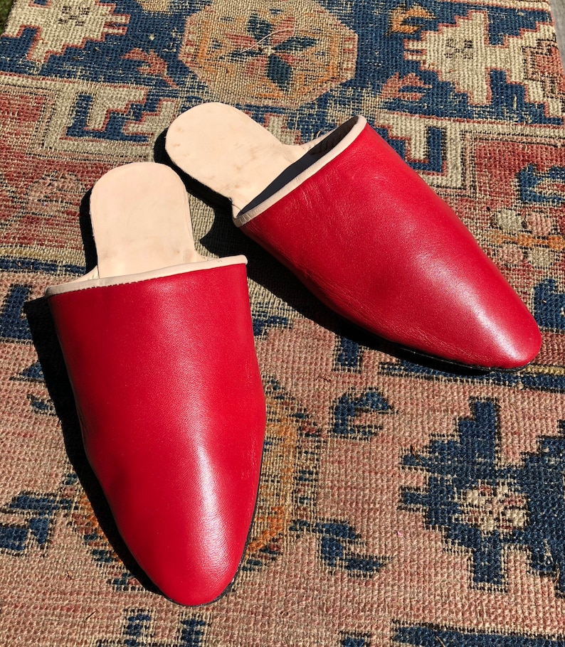 womens red leather mules