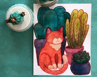 Watercolor Print, Art Print, Cat, Plants, Wall Art, Giclee