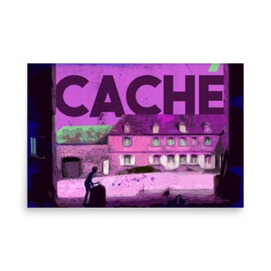 May include: A digital art print featuring a pink and purple cityscape with the word "CACHE" in bold, black letters across the top. A silhouette of a person is standing in the foreground.