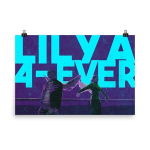 May include: A poster with a blue and purple color scheme featuring two figures with wings. The text "LIYA 4-EVER" is in large, bold, blue letters.
