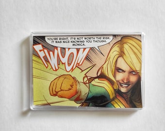 Captain Marvel Punch Fridge Magnet Mini Frame, Unique Recycled Comic Book Gifts