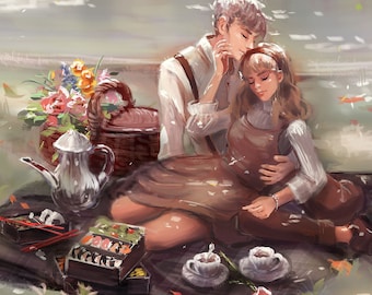 Bento in Boston Art Print: Couple's Picnic in Japanese Garden (4x6, 8x11, 12x18)