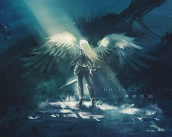 Armored Angel Print: Dark Forest Fantasy Art