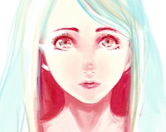 Anime Girl Art Print: Manga Style, Colorful Hair