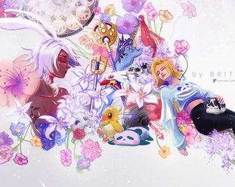 Final Fantasy Dreamscape Art Print: Chocobo, Panda, Flowers