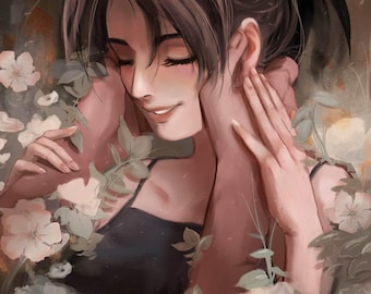 Loving Couple Art Print: Fall Colors, Floral Illustration (11x17)