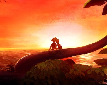 May include: Silhouette of two figures sitting on a tree branch overlooking a sunset over the ocean. The sky is a vibrant orange and red, and the water is a deep blue.