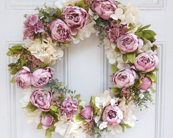 Perfect Front Door Wreath ~ Fully Covered Rustic Pink Purple 18" Grapevine Wreath w/ Peonies, Hydrangeas, & Eucalyptus