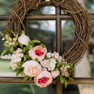 Peony Wreath ~ 14" or 18" Light Pink/Blush Silk Peony Grapevine Wreath ~ Floral Front Door Accent ~ New Handmade ~ Beautiful Classic Elegant