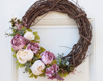 Rustic Pink Peony Wreath ~ 18" Grapevine Wreath w/ Pinkish Purple & Cream Flowers and Eucalyptus ~ Beautiful Front Door Decor ~ Farmhouse