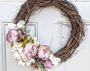 Rustic Pink Purple Floral Wreath ~ 18" Grapevine Wreath ~ Cream Hydrangeas and Pretty Peonies with Eucalyptus and Berries ~ Farmhouse Decor