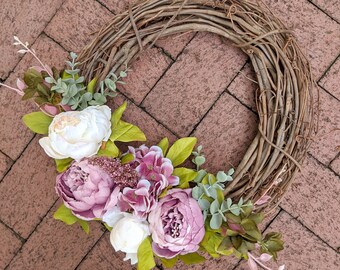 14" Rustic Pink Peony Wreath ~ Petite Grapevine Wreath w/ Pinkish Purple & Cream Flowers, Eucalyptus ~ Front Door Decor ~ Farmhouse Style