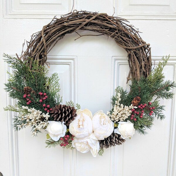 Peony Christmas Wreath ~ 18" Grapevine Wreath w/ Pinecones, Greenery, and Creamy White Peonies ~ Holiday Front Door Decor ~ Beautiful Rustic