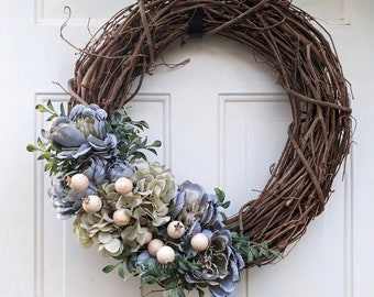 Blue & Green Front Door Wreath, 18" Grapevine Wreath w/ Green Hydrangeas and Blue Peonies, Beautiful Spring Decor