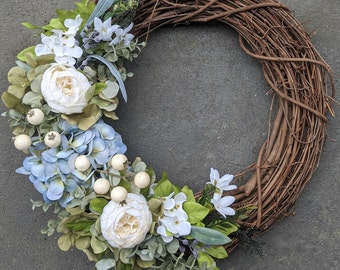 Blue Front Door Wreath ~ Hydrangea & Cream Peony Wreath ~ 18" Grapevine Wreath w/ Flowers, Berries, and Eucalyptus ~ Farmhouse Wreath