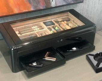 Zwarte aangepaste humidor met extra tray opslag, grote sigarendoos met glazen bovenkant, humidor doos met aangepaste verdelers, gepersonaliseerde humidor