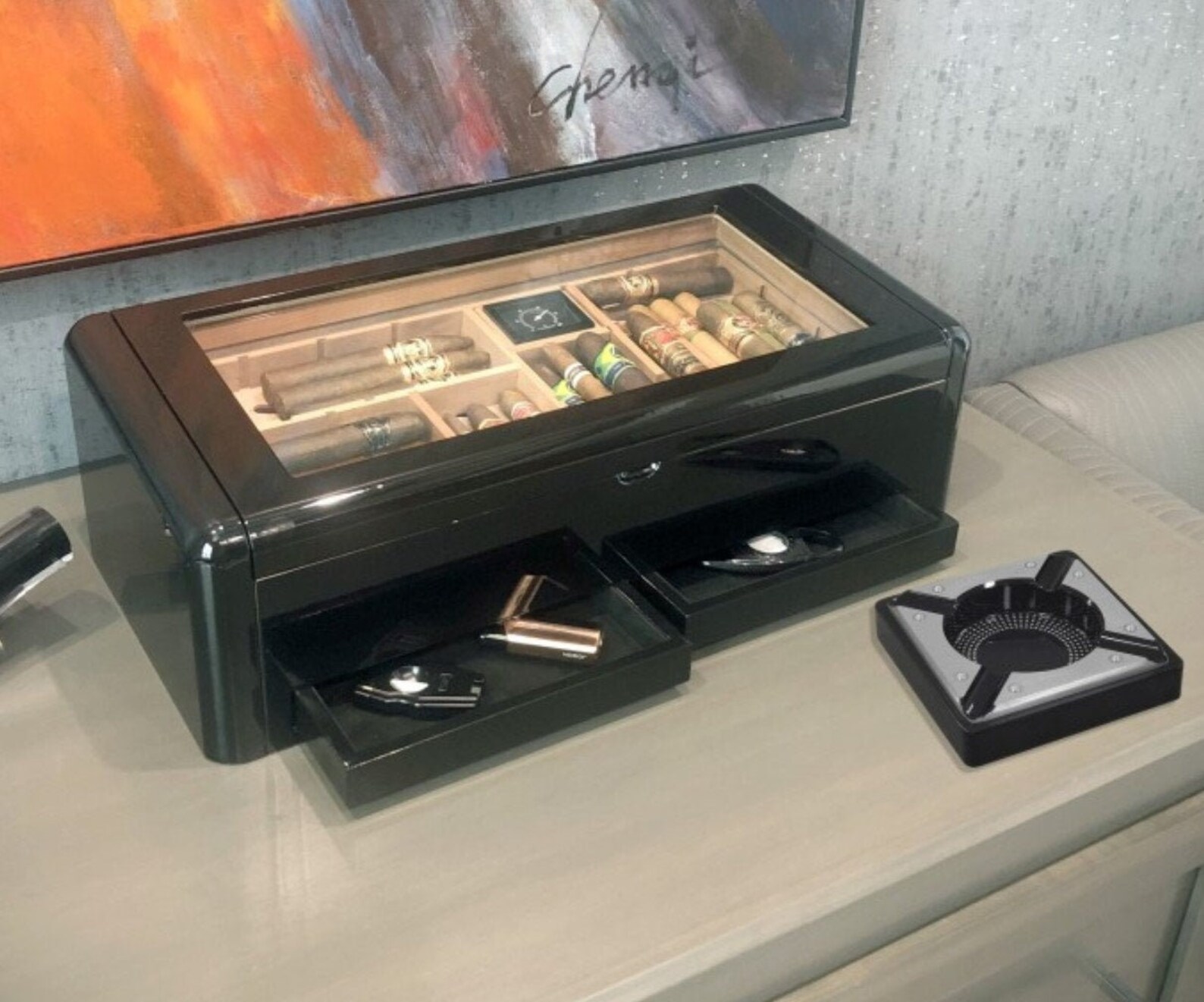 Black Custom Humidor With Additional Tray Storage, Large Cigar Box With ...