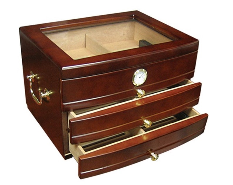 Three Drawer Mahogany Humidor Box, Personalized Glass Lid Cigar Box
