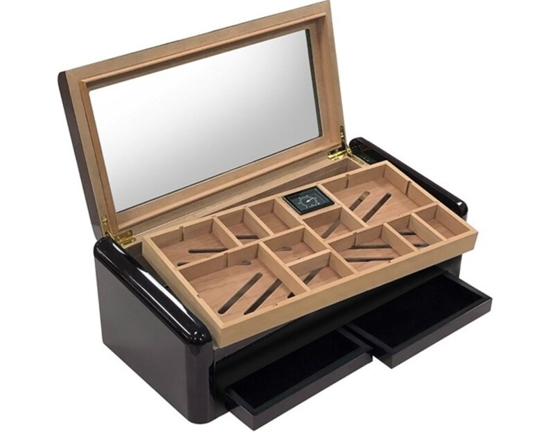 Black Custom Humidor With Additional Tray Storage, Large Cigar Box With